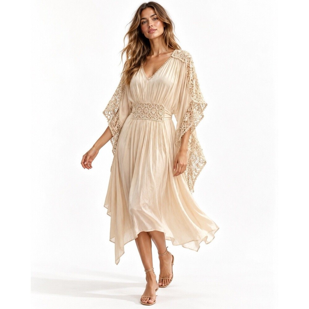 Calypso St. Barth Ivory Crochet Lace Silk Kaftan Dress Tie Waist XS